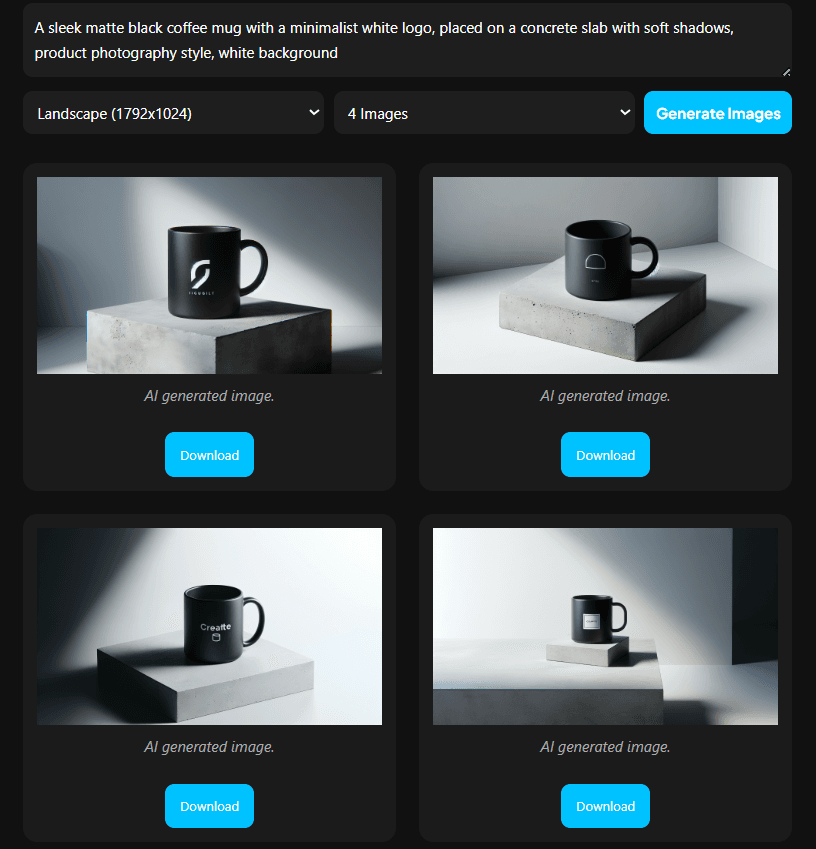 A sleek matte black coffee mug with a minimalist white logo, placed on a concrete slab with soft shadows, product photography style, white background