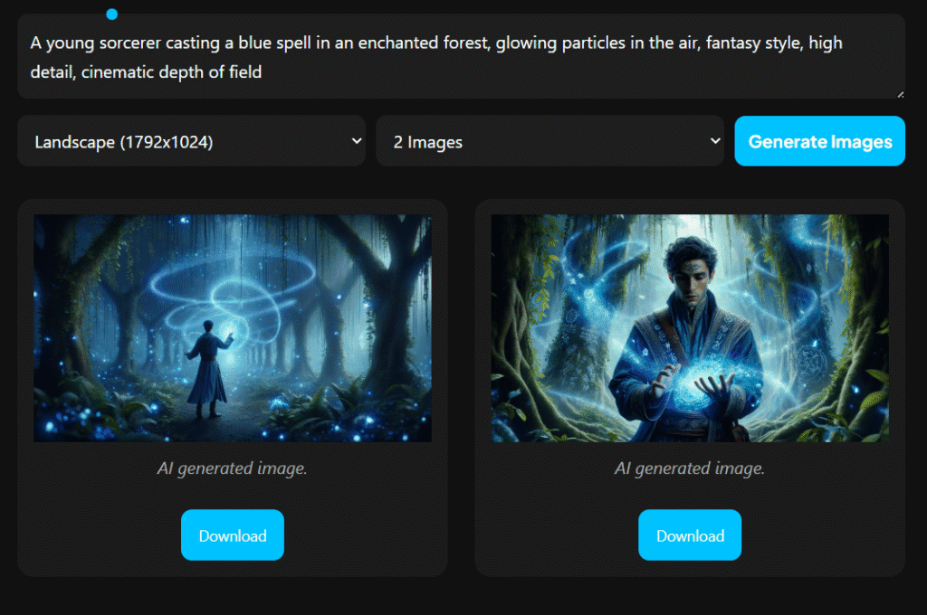 A young sorcerer casting a blue spell in an enchanted forest, glowing particles in the air, fantasy style, high detail, cinematic depth of field